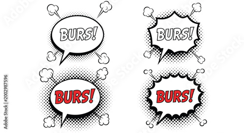 Comic book speech bubbles with BURS text in red and black colors featuring halftone dots and smoke clouds for action effects.