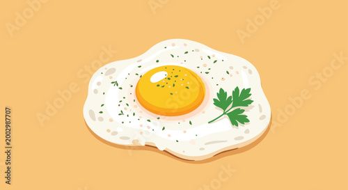 Sunny side up fried egg seasoned with herbs and a sprig of fresh parsley isolated on a warm yellow background illustration.