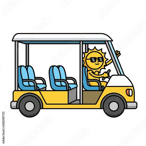 Cartoon sun character driving a yellow golf cart, waving