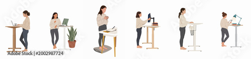 Flat Illustration Set of a Young Woman Working at Various Standing Desks in Different Positions for Home Office and Wellness Themes
