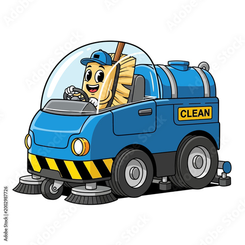 Cartoon Broom Character Driving a Street Sweeper Truck
