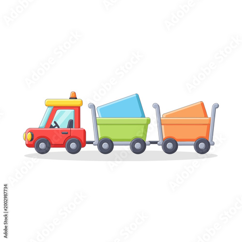 Cartoon toy train carrying colorful cargo, isolated on white background