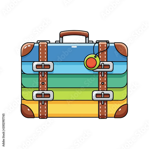 Colorful Vintage Suitcase with Leather Straps and Luggage Tag