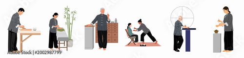 A set of Traditional Chinese Medicine practitioners performing acupuncture, herbal consultations, and traditional healing rituals in a flat vector illustration style.