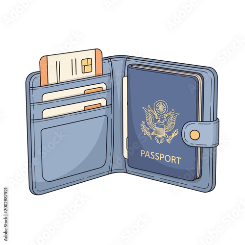 Open blue wallet with US passport, credit card, and documents