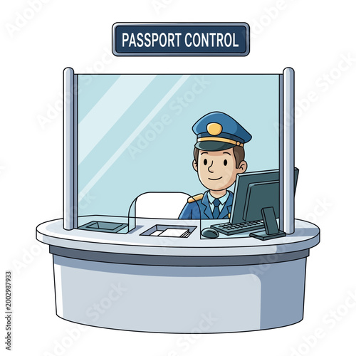 Passport Control Officer at Desk with Computer