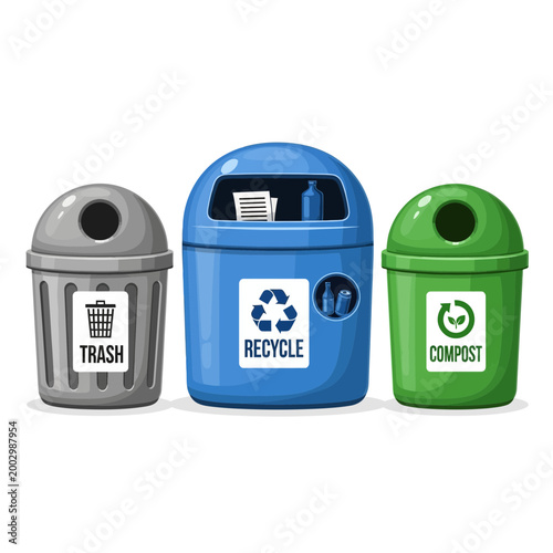 Recycling bins for trash, recycle, and compost with symbols