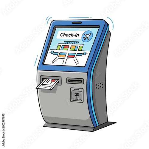 Self check-in kiosk at airport terminal, travel automation concept