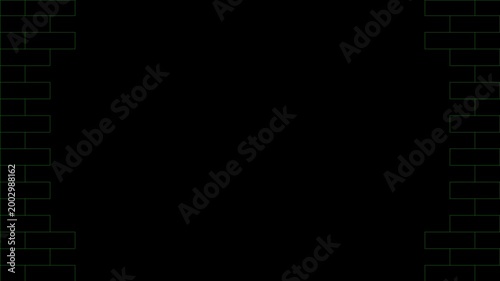 Digital brick wall breaking animation, abstract green wireframe blocks exploding on black background