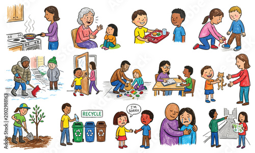 Children demonstrating kindness and positive social interactions in various everyday scenarios
