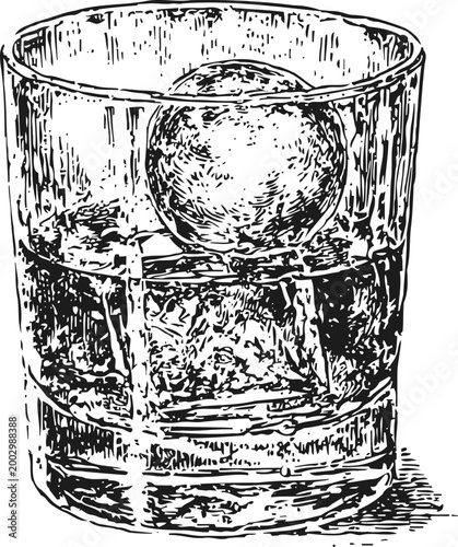 Whiskey glass with large spherical and cube ice cubes, vintage engraved drink illustration