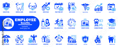 Employee benefits icon set. with solid blue symbols. Featuring health insurance dental care vision plan paid time off sick leave and commuter benefit designs.