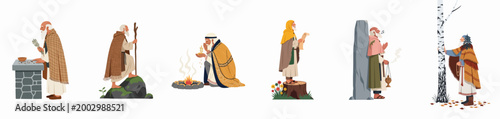 Set of druid characters performing ancient spiritual rituals and nature ceremonies, isolated on white background flat vector illustration.