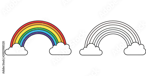 Cute cartoon rainbow with clouds. Colored illustration and black and white line art outline version for children's coloring book or graphic design.