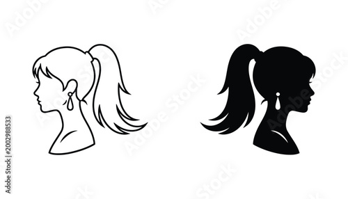Side profile silhouette of a woman with a high ponytail and earring in outline and solid black styles for beauty salon logo design