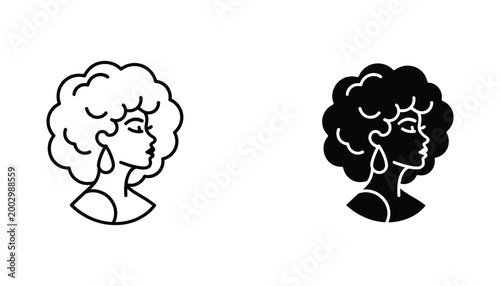 Side profile silhouette of a woman with afro hair and large earrings in outline and solid black styles for natural hair and beauty branding