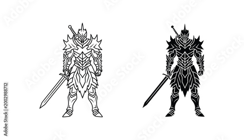 Knight in full plate armor holding a longsword in a standing combat stance vector illustration in black and white styles