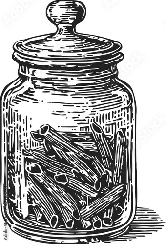 Glass jar filled with whole cinnamon sticks, vintage engraving illustration