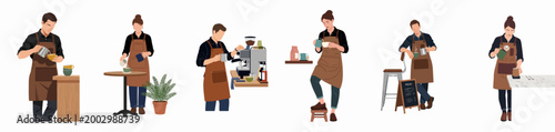 Collection of flat vector illustrations showing diverse professional baristas in brown aprons preparing coffee and providing service in a cafe setting.