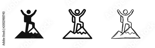 Hiking success icon set showing climber reaching mountain peak in flat, outline, and sketch styles.