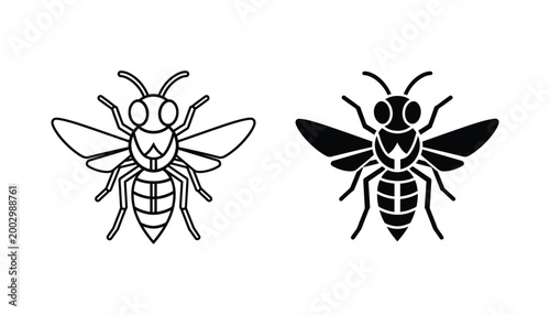 Stylized wasp or bee insect logo design in symmetrical vector line art and solid silhouette styles for pest control or sports
