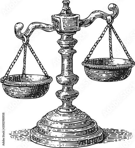 Vintage balance scale illustration antique weighing device with two pans for measuring weight and comparing mass