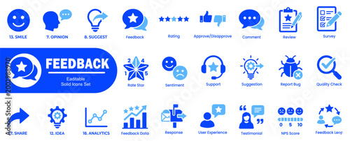 Modern feedback icons  and symbols. including smile opinion suggest feedback rating approve comment review survey share idea analytics data response user experience testimonial feedback loop.