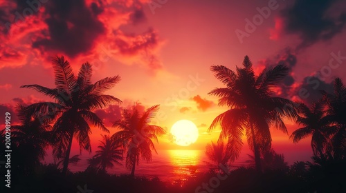 Tranquil Beach Sunrise with Palm Trees and Reflective Waters