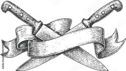 Crossed knives with blank ribbon banner vintage hand drawn carving utensils illustration
