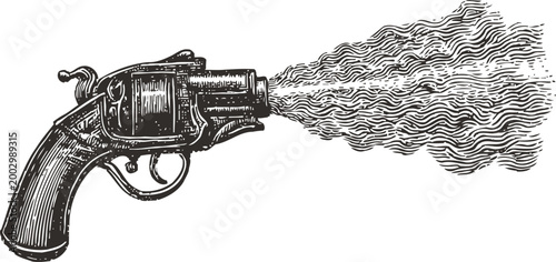 Antique revolver pistol firing with detailed smoke illustration in vintage engraving