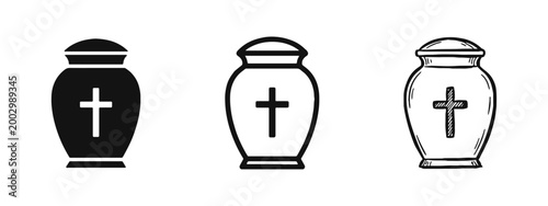Funeral Urn Icons with Christian Cross, Memorial and Cremation Symbols in Solid, Outline and Hand Drawn Styles