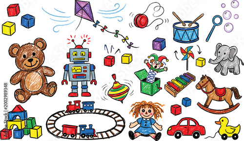 Childrens hand drawn toys collection for play and learning with vibrant colors