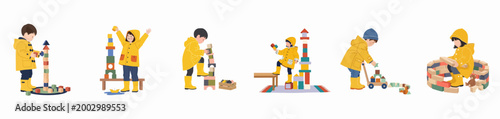 Collection of children in yellow raincoats and boots playing with wooden building blocks and constructing various structures, presented in a clean flat illustration style.
