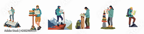 Collection of diverse female hikers and backpackers navigating mountain trails with maps and compasses for outdoor adventure and orienteering activities.