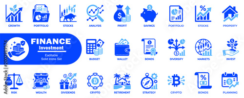 Finance investment icons set. Featuring stock market analysis profit and portfolio growth concepts for modern business and corporate visual presentation.