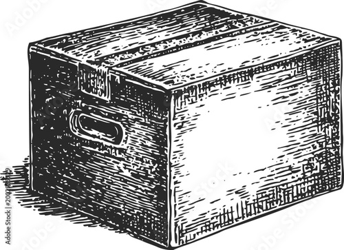 Wooden crate box with handles, vintage hand drawn shipping container for storage and transport