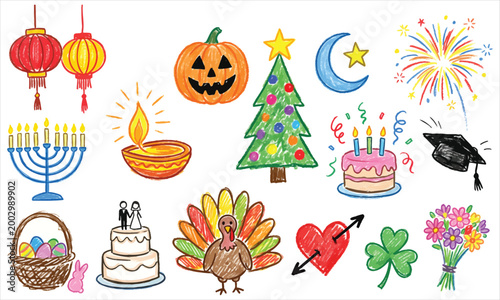 Hand-drawn holiday icons in vibrant crayon style for festive celebrations