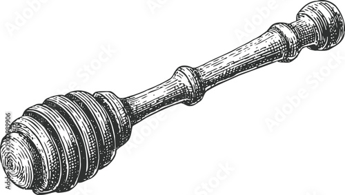 Honey dipper wooden utensil vintage engraving illustration for kitchen and food use