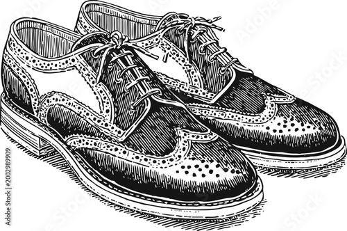 Classic men's wingtip shoes with brogue detailing, vintage leather lace up footwear illustration