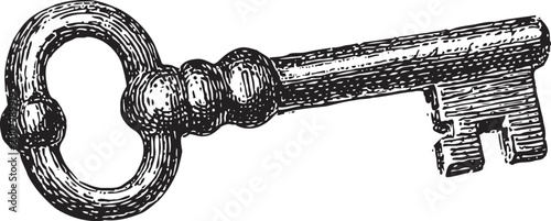 Vintage skeleton key illustration with ornate handle and detailed teeth engraving