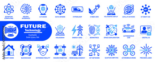 Future technology solid icons set. Covering modern digital innovation quantum computing neural interface ai fusion data sphere cyber arm holographic display.