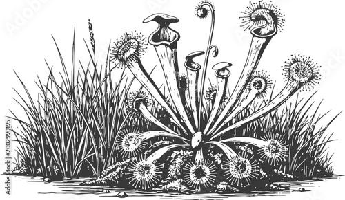 Carnivorous sundew plant and pitcher plants growing among grass with insect catching leaves detailed botanical illustration