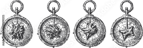 Vintage astrological pocket watches with zodiac signs engraved, detailed antique compass designs