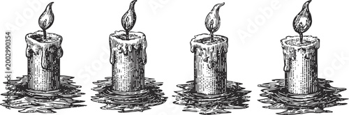 hand drawn vintage candles with melting wax and flickering flames, classic black and white illustration