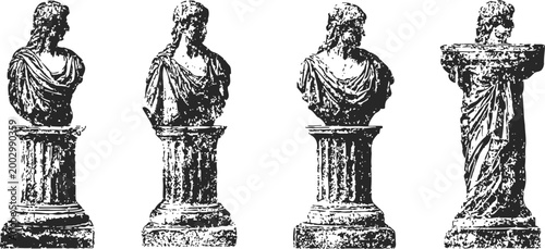 Ancient classical bust sculpture of a man on a stone pedestal in four different views, vintage engraving
