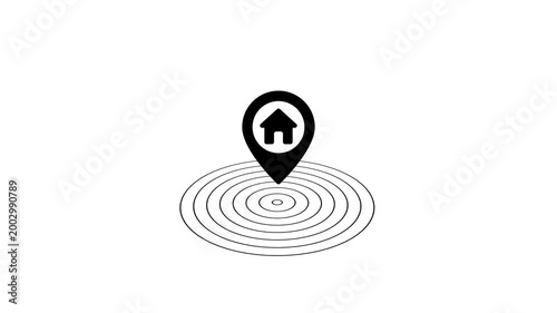 Minimalist home location pin animation with expanding radar waves for real estate and navigation house