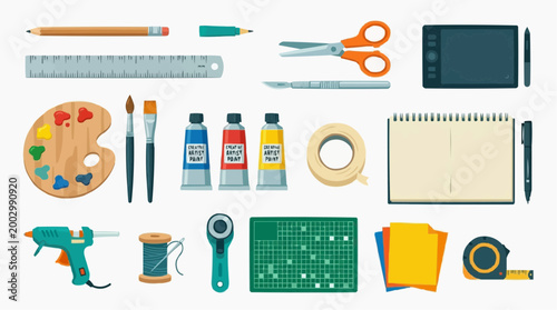 A vibrant assortment of art and craft supplies meticulously arranged, inviting creativity and the pursuit of artistic expression.