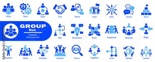 Teamwork solid icons set. Corporate unity sync team link share goals dialog build plan brainstorm solve cooperate discuss align support and connect.