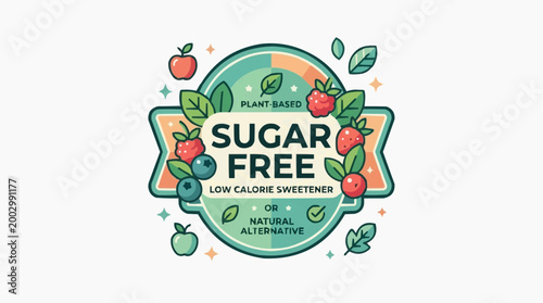 A vibrant illustration emphasizing health and natural ingredients, depicting a sugar-free label with fruits and botanical elements, showcasing a commitment to a wholesome, natural diet.