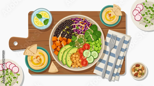 A vibrant, overhead, top-down view of a colorful and healthy vegan food platter on a wooden board. The composition emphasizes freshness and balance, perfect for wellness and food-related visuals. 